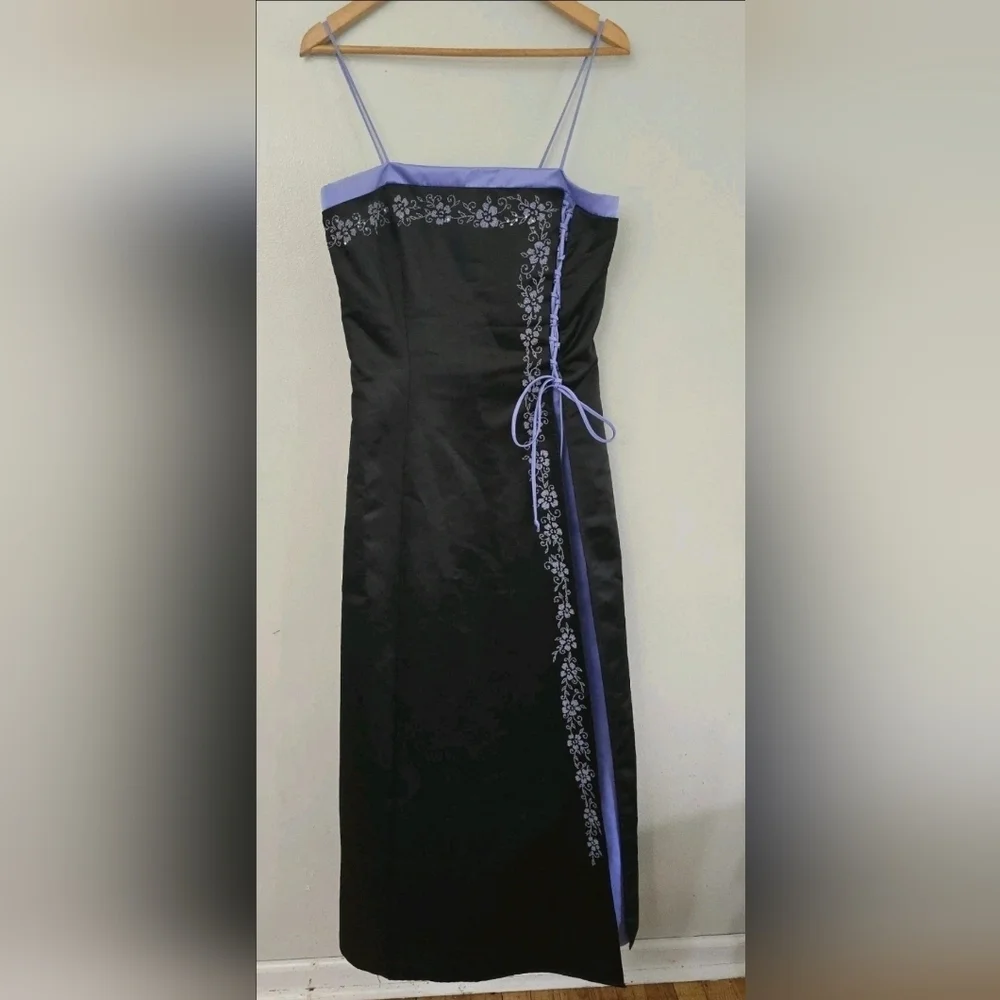 Prom Dress Maxi Gown Purple Black Bead Y2K Floral Delvt Sz 13 Fairy FLAWS - Picture 1 of 13